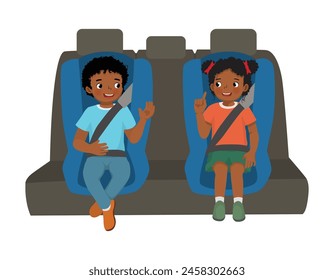 Cute little African kids sitting in car seat putting on seat belt for safety