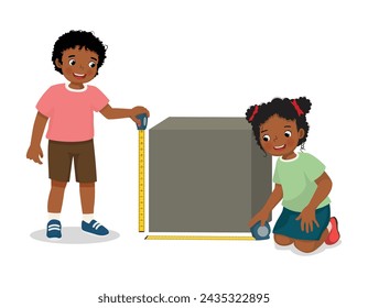 Cute little African kids students measuring the height and width of a box with tape