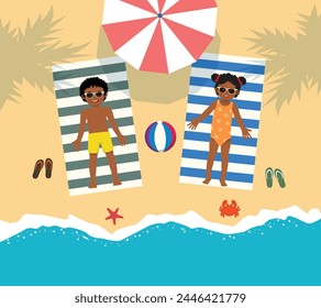 Cute little African kids in swimsuit sunbathing lying on the beach 