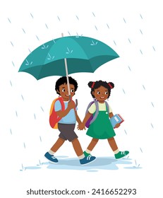 Cute little African students boy and girl holding umbrella in the rain going to school