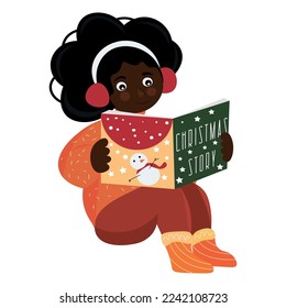 Cute little African  American girl reading Christmas story whi