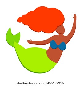 Cute little afro american black mermaid with brown skin redhead Ariel isolated in white background. Beautiful Nymph in greet swimsuit without a face swims. Vector illustration.