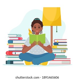 Cute little afro american girl is reading a book. Vector illustration in flat style