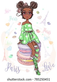 Cute little Afro girl dreams about travel to Paris, romantic style fashion teenager portrait, Paris life background with Eiffel Tower, hearts, birds and macaroons vector illustration art