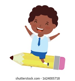 cute little afro student boy with seated in pencil vector illustration design