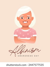 Cute little albino girl. Albinism Awareness Day is a rare non-contagious genetic inherited condition. Vector illustration.