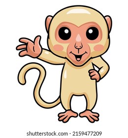 Cute little albino monkey cartoon waving hand