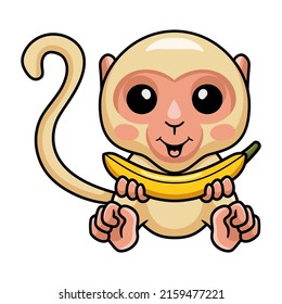 Cute little albino monkey cartoon holding a banana