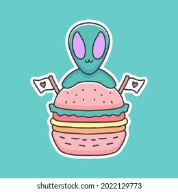 cute little alien with burger cartoon, illustration for stickers and t shirt.