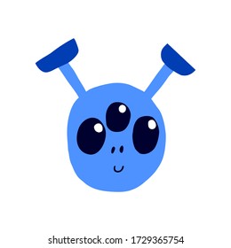 Cute little alien with three eyes and smile. Isolated on white background. Flat blue alien head drawn by hand. Fun design for poster, shirt, mug, print. Stock vector illustration.