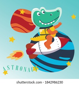 Cute kleiner Luftschütze Astronaut im Weltraum Trageanzüge mit Cartoon-Stil. Kreative Vektorgrafik, kinetischer Hintergrund für Stoff, Textilien, Tapete, Poster, Karte, Broschüre. Vektorgrafik.