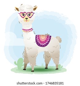 cute little alpaca with accessories in the children's style. cute cartoon little alpaca vector illustration