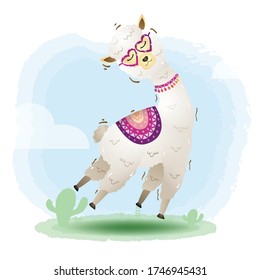 cute little alpaca with accessories in the children's style. cute cartoon little alpaca vector illustration