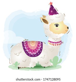 cute little alpaca with accessories in the children's style. cute cartoon little alpaca vector illustration
