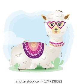 cute little alpaca with accessories in the children's style. cute cartoon little alpaca vector illustration