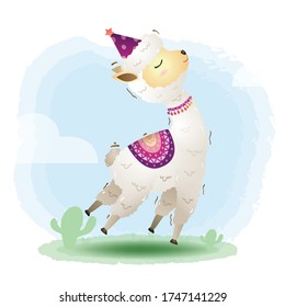 cute little alpaca with accessories in the children's style. cute cartoon little alpaca vector illustration
