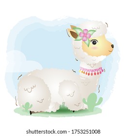 cute little alpaca with accessories in the children's style. cute cartoon little alpaca vector illustration