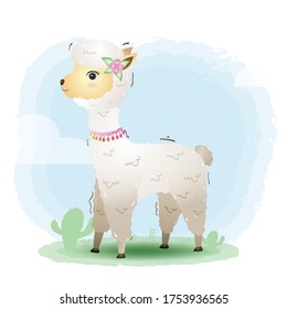cute little alpaca with accessories in the children's style. cute cartoon little alpaca vector illustration