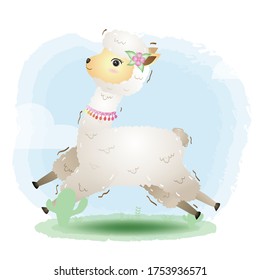 cute little alpaca with accessories in the children's style. cute cartoon little alpaca vector illustration