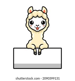 Cute little alpaca cartoon with blank sign