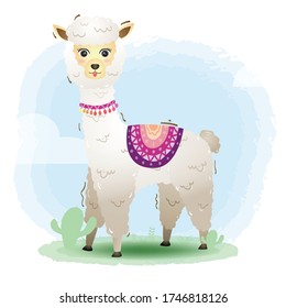 cute little alpaca in the children's style. cute cartoon little alpaca vector illustration