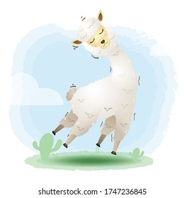 cute little alpaca in the children's style. cute cartoon little alpaca vector illustration