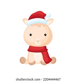 Cute little alpaca sitting in a Santa hat and red scarf. Cartoon animal character for kids t-shirts, nursery decoration, baby shower, greeting card, invitation. Isolated vector stock illustration