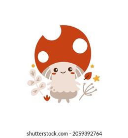 Cute little Amanita (agaricus fly) mushroom with smiling face. Forest mushroom in autumn, isolated vector illustration for kids.