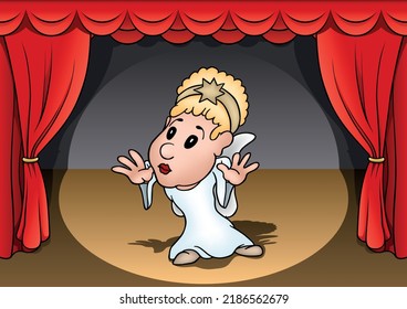 Cute Little Angel with Blond Hair in White Clothes - Colored Cartoon Illustration with Background, Vector