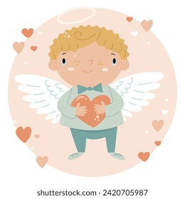 Cute little angel boy holding a heart