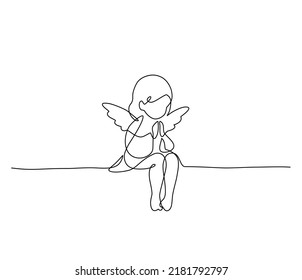 Cute little Angel. Continuous line art drawing vector illustration. Black and white