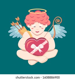 Cute little angel cupid is happy with a box of chocolates with a ribbon and a bow in his hands. Cherub levitates. Vector isolated illustration for feburary holiday of St. Valentine's Day