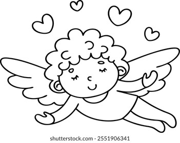 A cute little angel with curly hair and wings coloring page line art