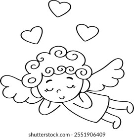 A cute little angel with curly hair and wings coloring page line art