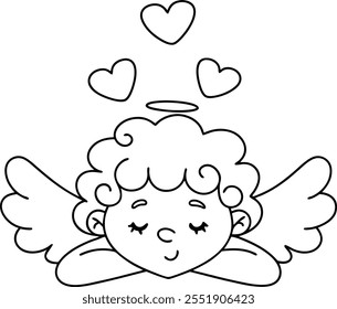 A cute little angel with curly hair and wings coloring page line art