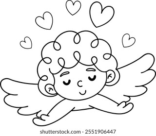 A cute little angel with curly hair and wings coloring page line art