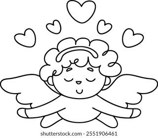 A cute little angel with curly hair and wings coloring page line art