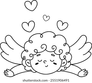 A cute little angel with curly hair and wings coloring page line art