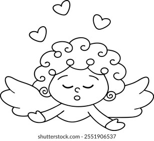 A cute little angel with curly hair and wings coloring page line art