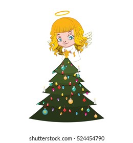 Cute little angel decorating a tree