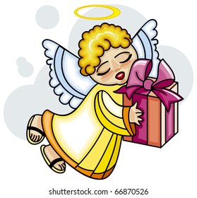 Cute little angel is flying with a gift box in hands