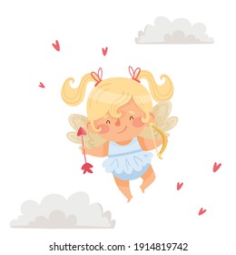 Cute Little Angel Girl In The Cloud. Valentines Day Card. Vector Illustration