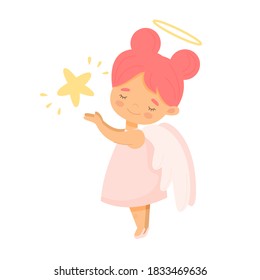 Cute little angel girl holding a star in her hands. Vector cartoon illustration for baby products and books.