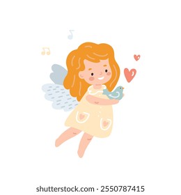 Cute little angel girl holding a bird in her hands. Flat style vector illustration