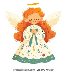 A cute little angel girl is holding a bow with wings and a halo above her head.