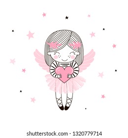 Cute little angel girl in pink ballerina skirt keeping heart. Vector doodle illustration in pink colour for girlish designs like textile apparel print, wall art, poster, stickers, cards and more.