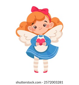 Cute little angel girl with wings for baby shower. Cupid for Valentine's Day. Vector character on white background