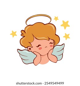 Anjo lindo com cabelo dourado e halo, rodeado de estrelas. Esta ilustração vetorial plana de um bebê com asas é ideal para cartões de férias, decorações de festas infantis, projetos espirituais