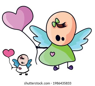 Cute little angel with heart ballon flat illustration set