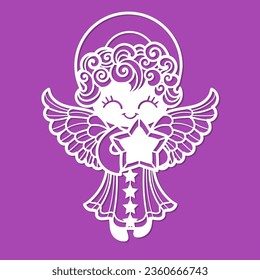 Cute little angel holding a star. Template for laser cutting from paper, wood, cardboard, metal. For the design of holiday decorations for Christmas, Easter, Valentine's Day. street toys, stencils, po